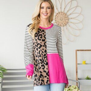 Solid and Stripe with Animal print Top Heimish